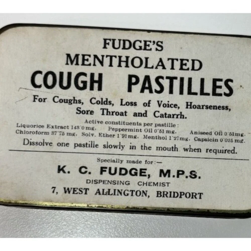 Vintage Fudge's Cough Pastilles Tin Chloroform and Ether on Ingredient List - Picture 2 of 8